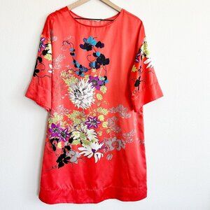 Soft Surroundings Dress Orange Floral Polynesian 3/4 Sleeve Satin Shift